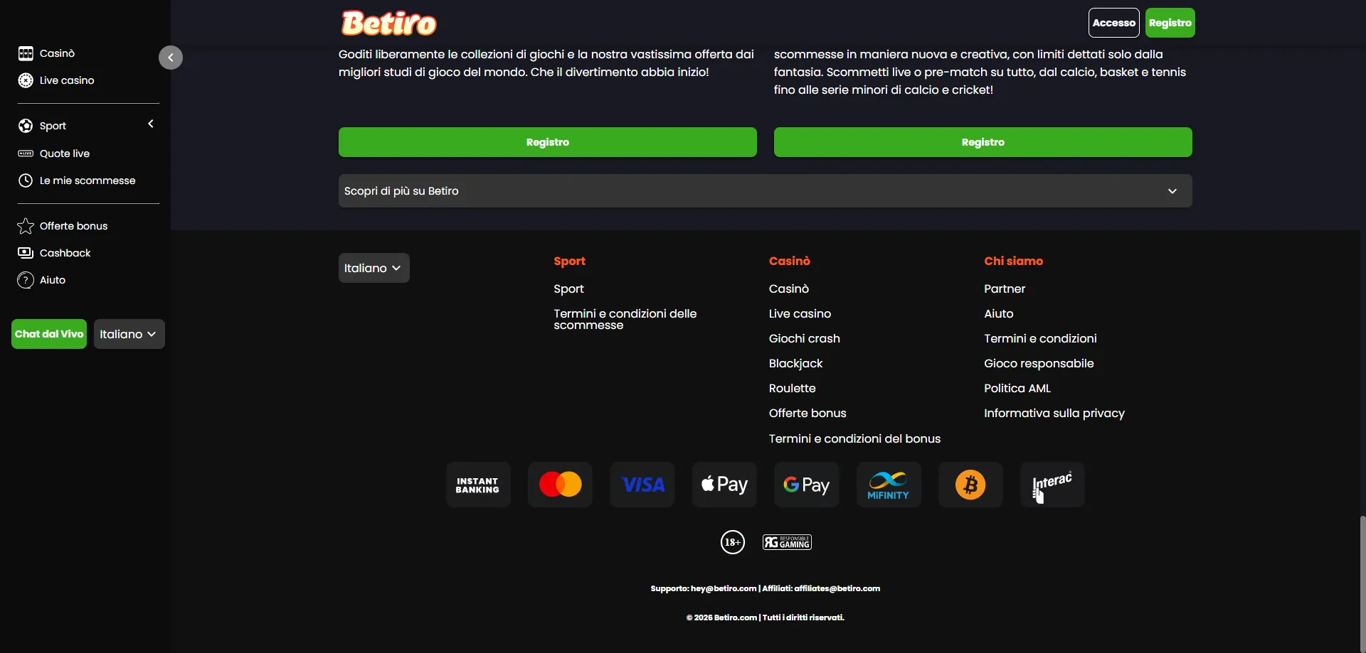 Scommesse sportive su Betiro Casino – calcio, tennis e molto altro