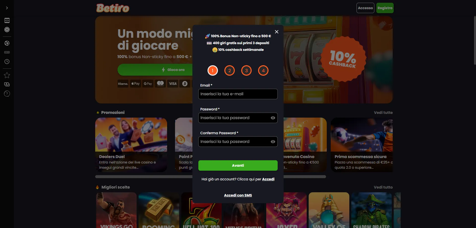 Procedura di registrazione su Betiro Casino Italia passo dopo passo