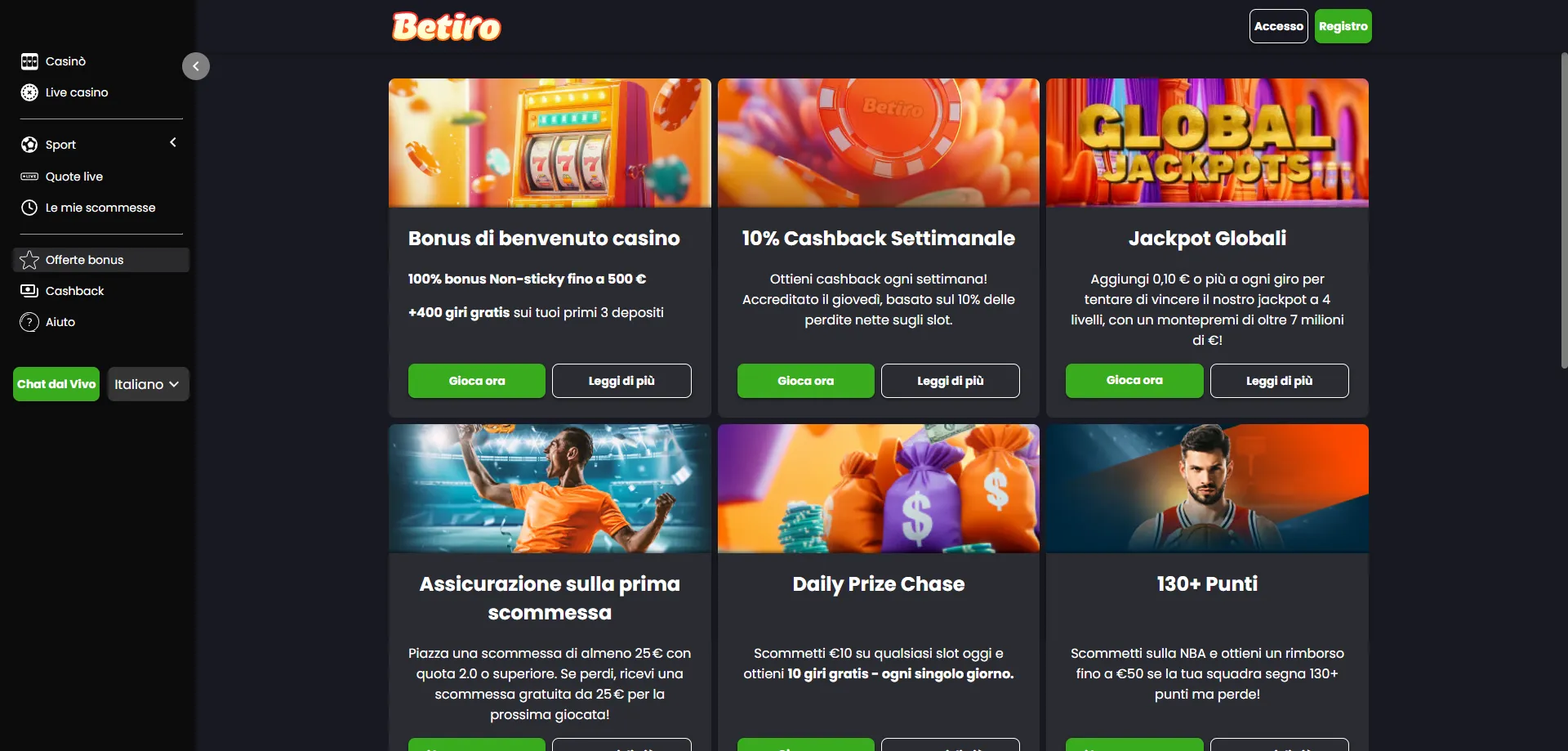 Betiro Casino bonus benvenuto 100% fino a €500 e 400 giri gratuiti