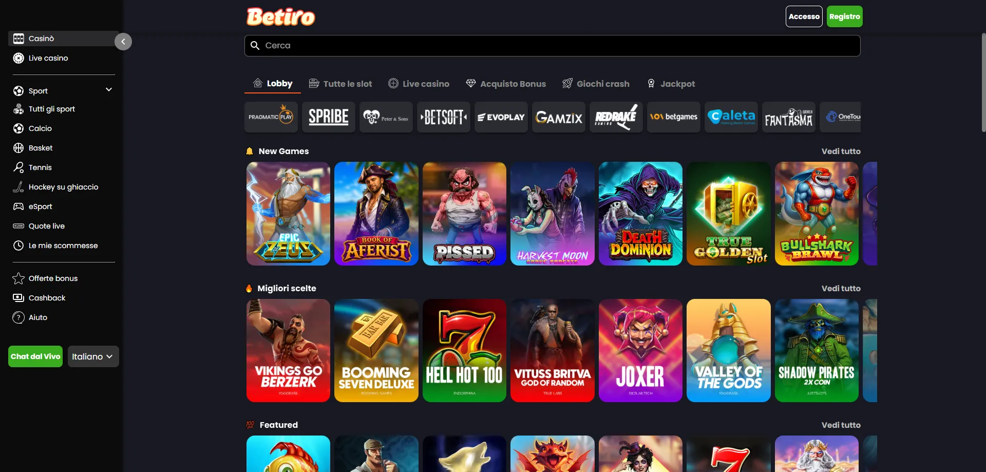Betiro Casino giochi – slot machine, jackpot e casino dal vivo