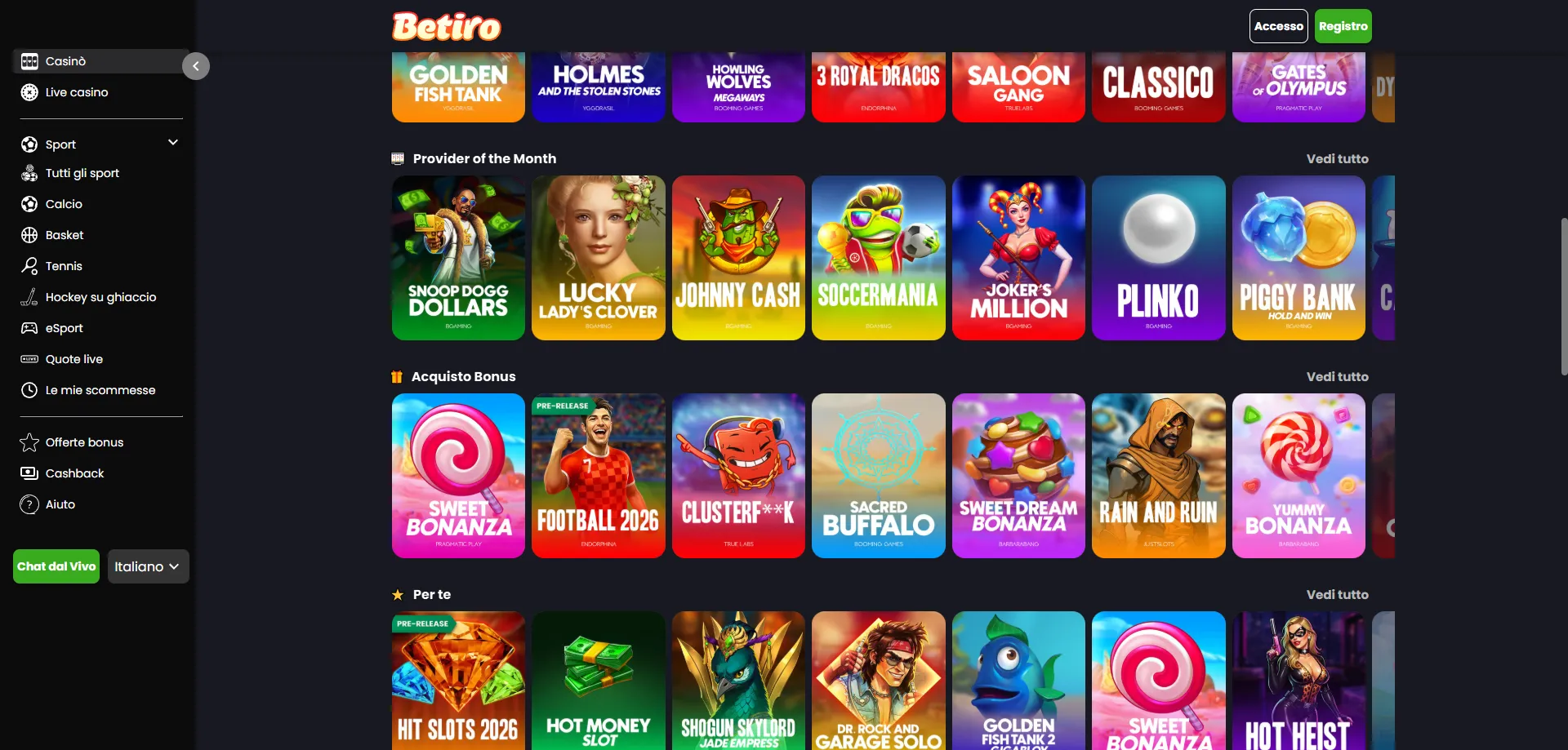 Betiro Casino giochi slot machine — oltre 3000 titoli disponibili